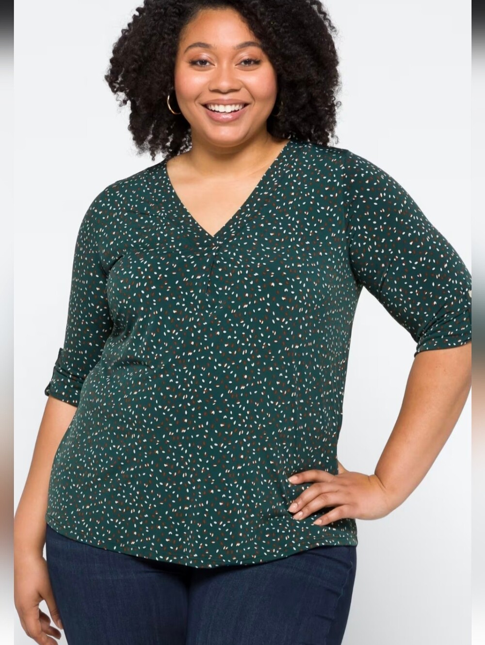 Beacon Patty Roll Tab Knit Top Blouse Confetti  Dot Dark Green Plus Size 1XL EUC